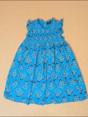 French Connection Girls Teal Blue Floral Patterned Cotton Smocked Dress